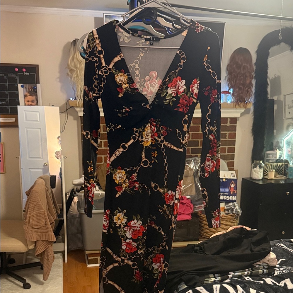 Iris Black Dress with Floral and Chain Design